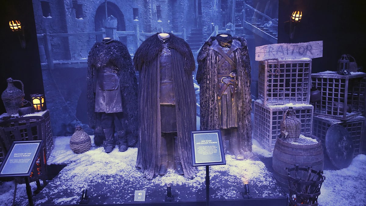 AP : Costumes from the characters Alliser Thorne and Jon e Snow on display at the launch of The Game of Thrones Touring Exhibition at the Titanic Exhibition centre in Belfast, Northern Ireland, Wednesday, April 10, 2019.